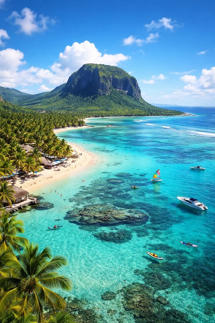 Le Morne mountain above a turquoise lagoon, Mauritius