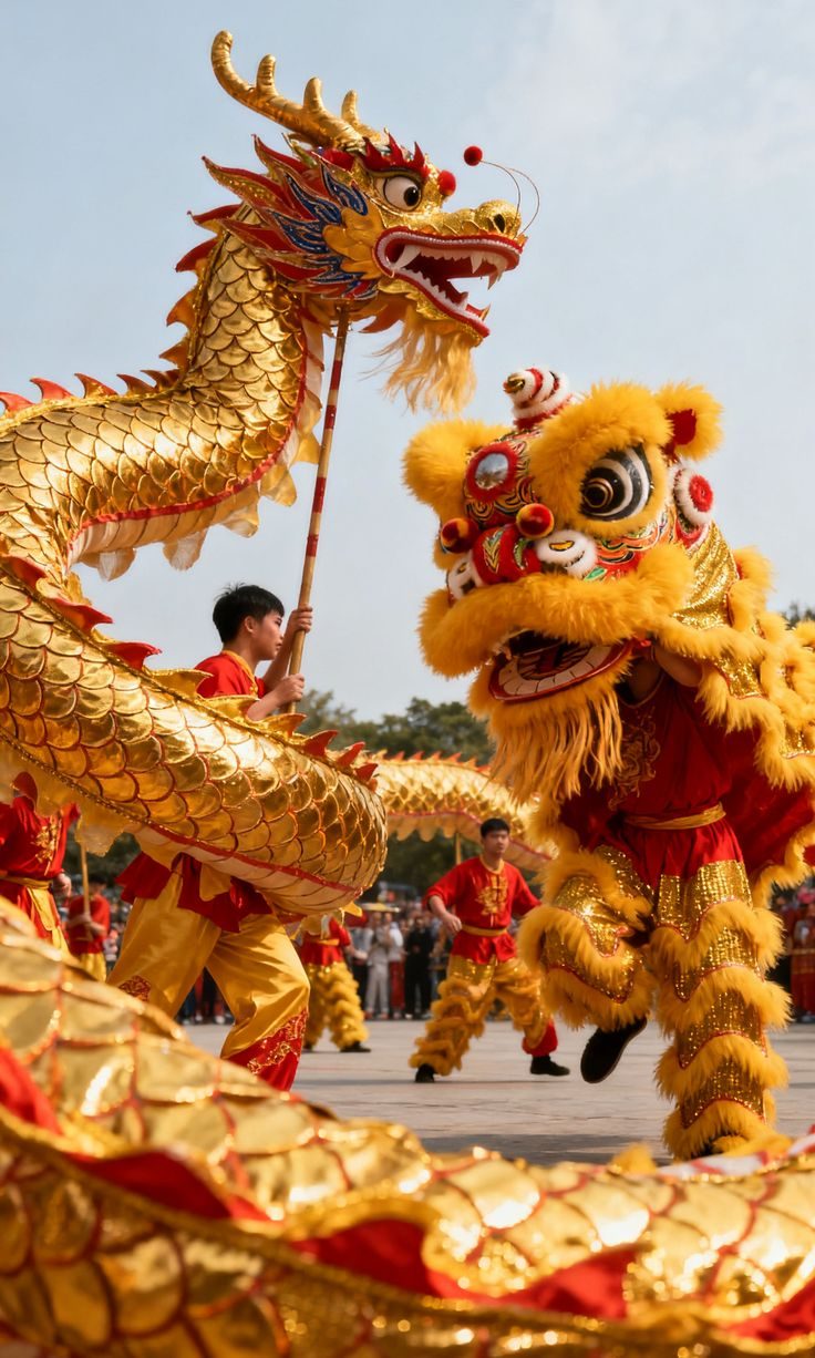 Dragon and lion dance performers