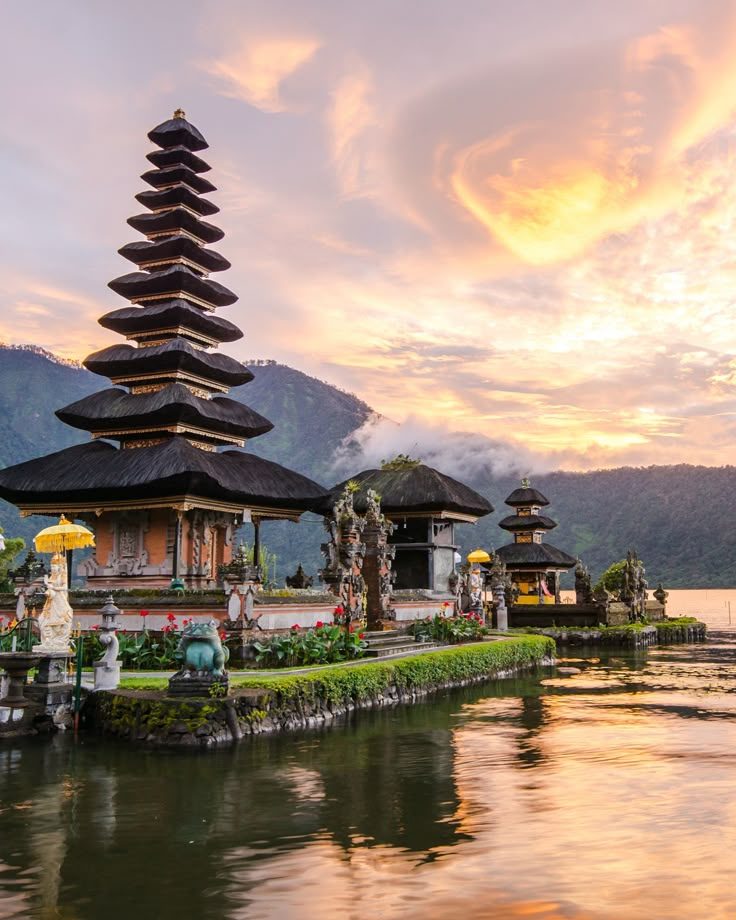 Lakeside temple at sunset, Bali