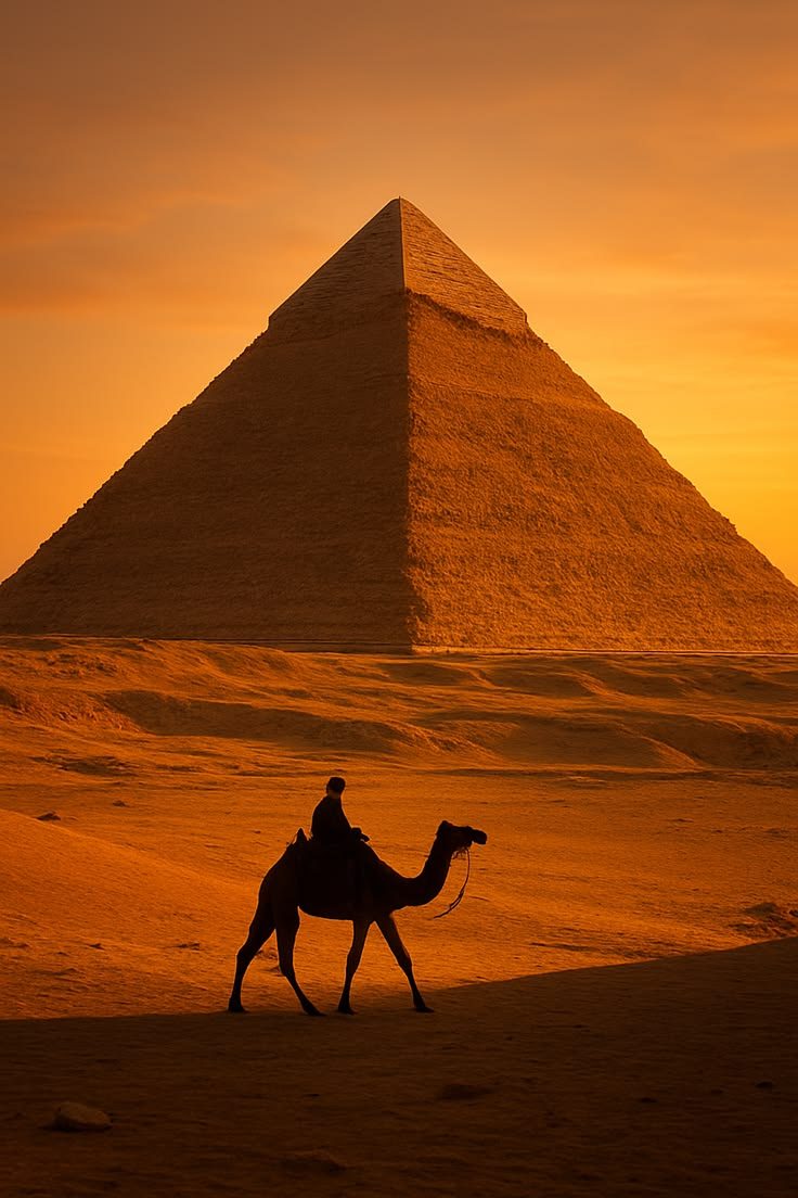 Camel rider before a pyramid at sunset, Egypt