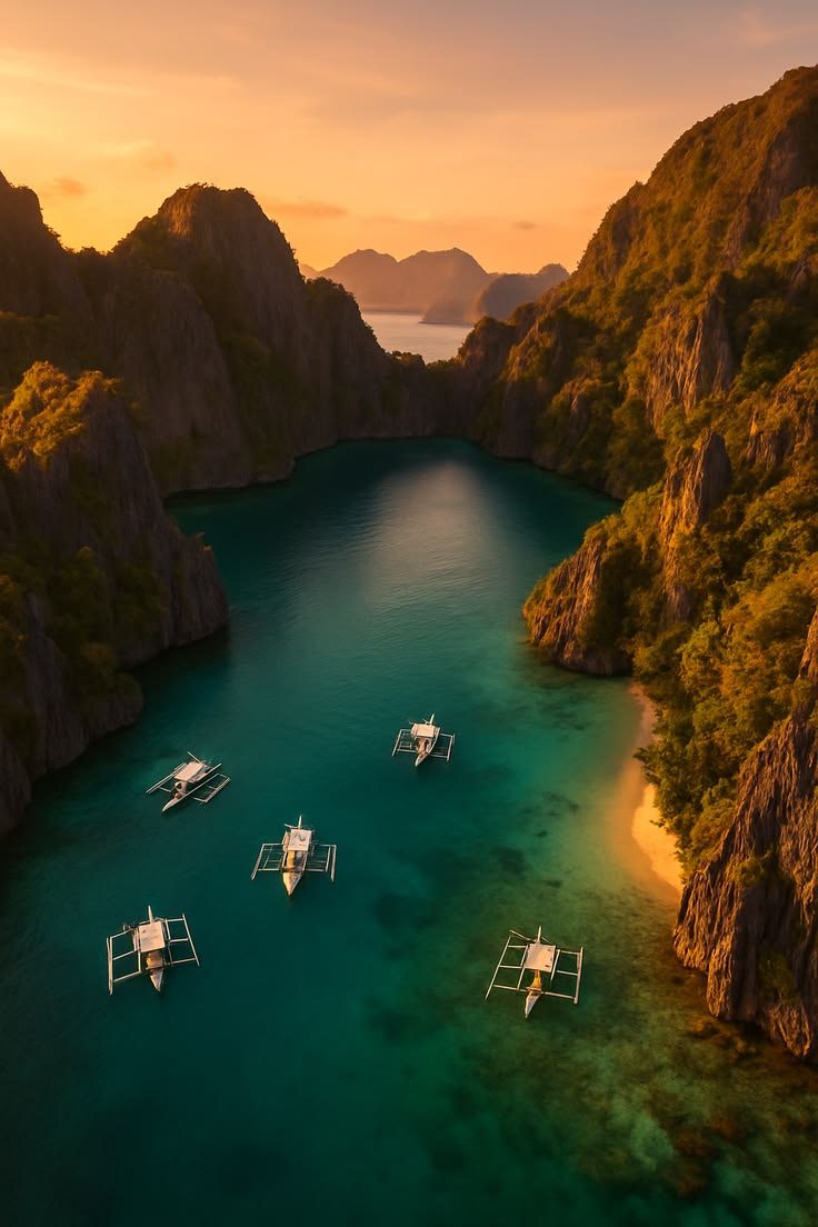 Bangka boats in a limestone lagoon, Philippines