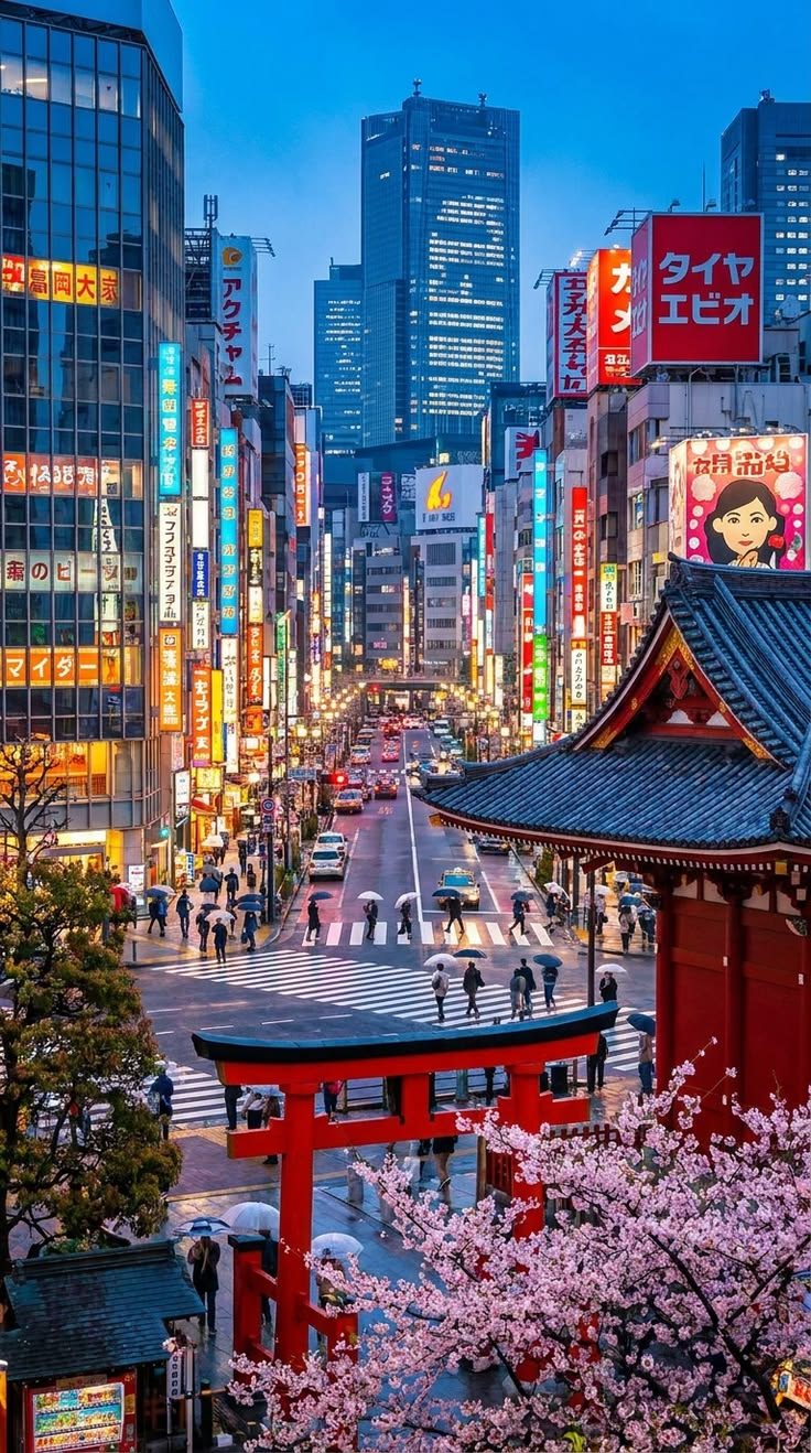 Tokyo street with cherry blossoms and a torii gate