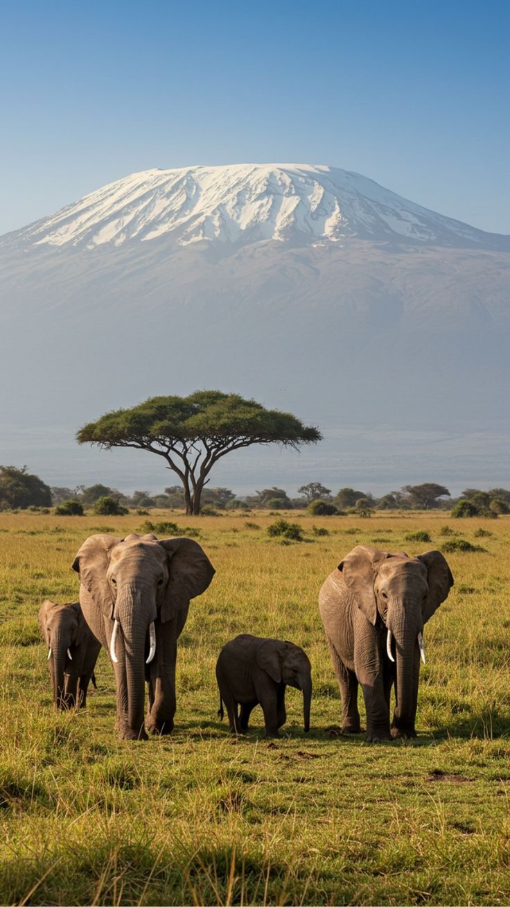 Elephants below Mount Kilimanjaro