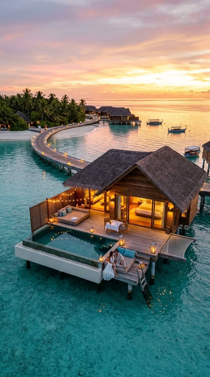 Overwater villa at sunset, Maldives