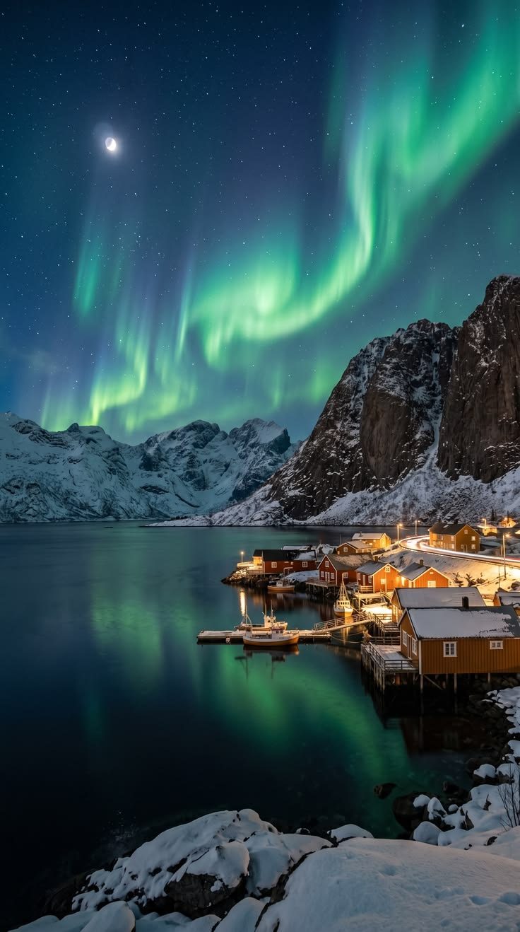 Northern lights over a snowy fjord village