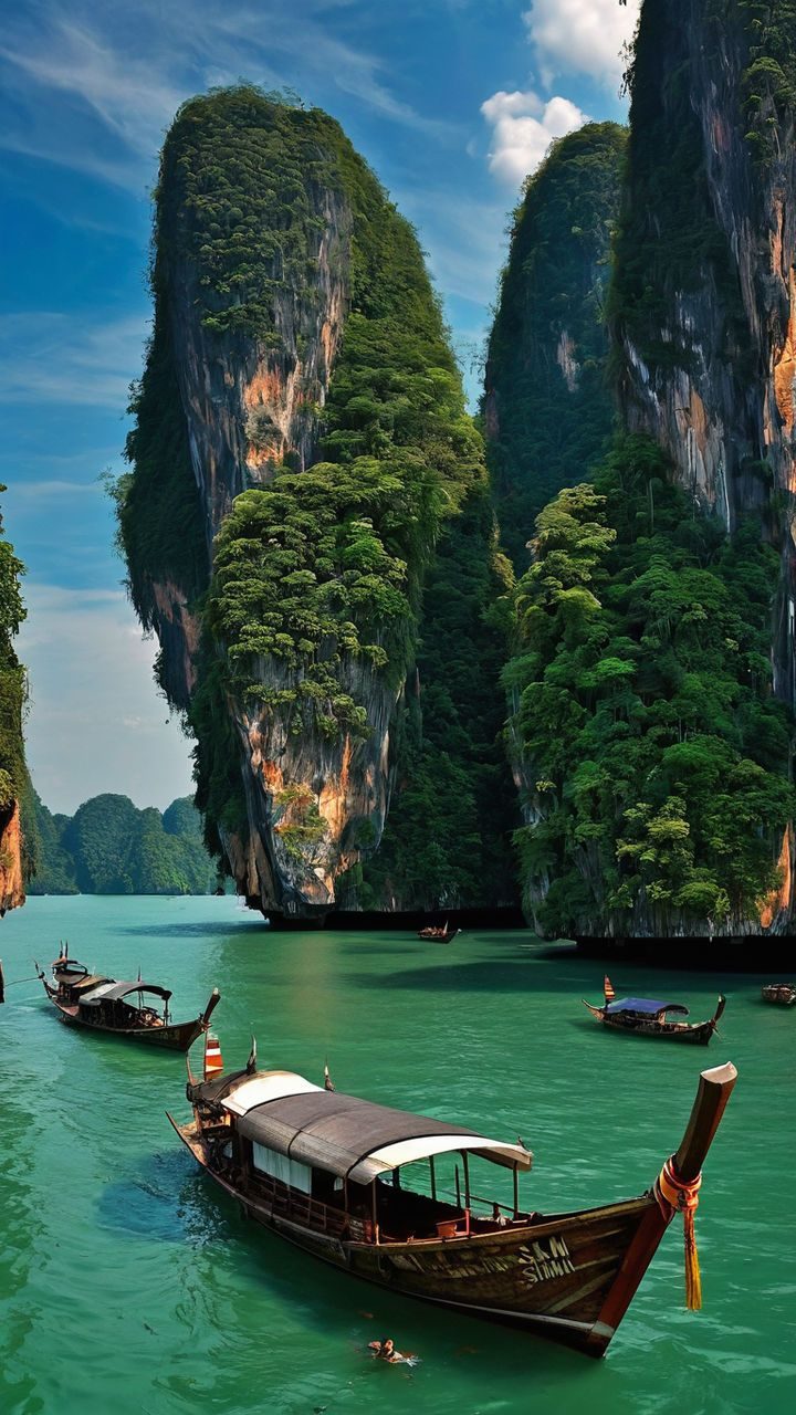 Longtail boats beside limestone cliffs, Thailand