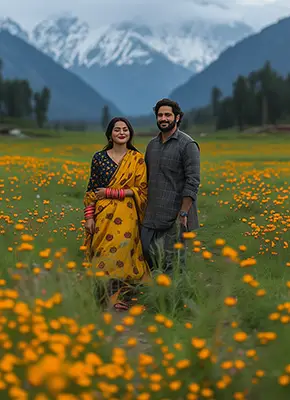 happy-couple-among-yellow-flowers-during-honeymoon-in-kashmir